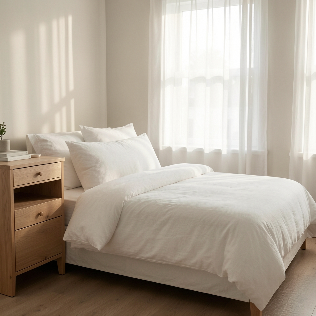 Calm bedroom with white linen bedding, a wooden nightstand, and soft morning light through sheer curtains