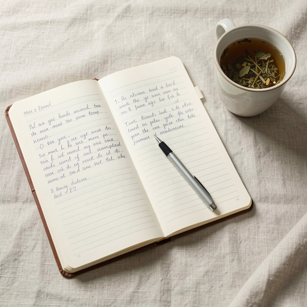 Open notebook with handwritten notes, a pen, and a cup of herbal tea on a pale linen tablecloth
