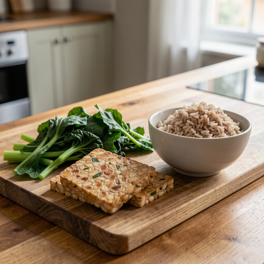 Wooden kitchen counter with fresh tempeh, green vegetables, and a bowl of brown rice prepared for a home meal