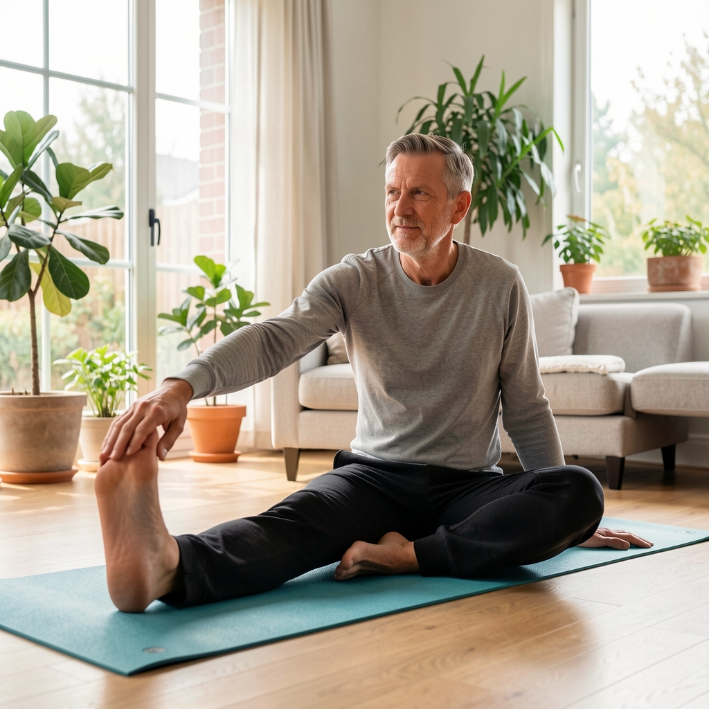 Middle-aged man stretching on a yoga mat in a bright living room with plants and a large window