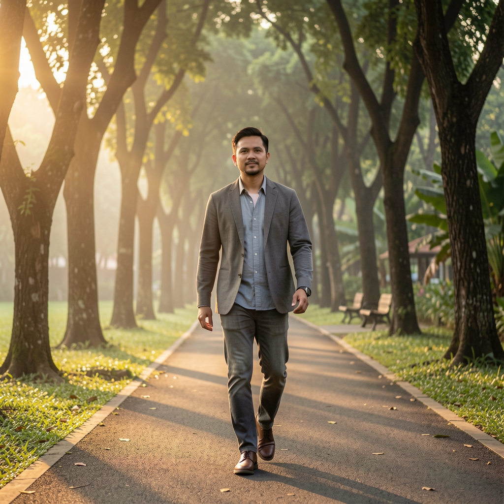 Man in his late thirties walking along a tree-lined path in a Jakarta park at early morning with soft golden light