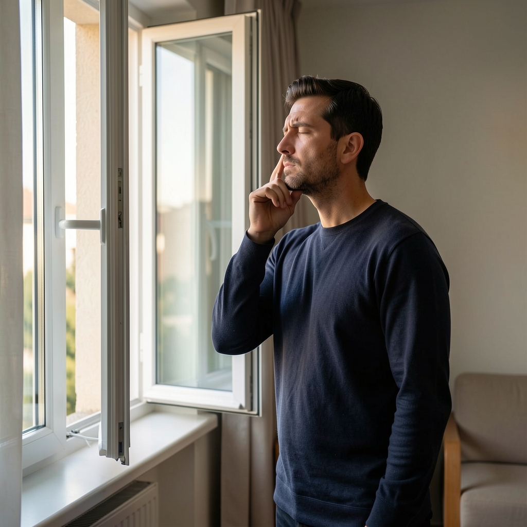 Adult man standing by an open window in a calm apartment taking a slow breathing pause