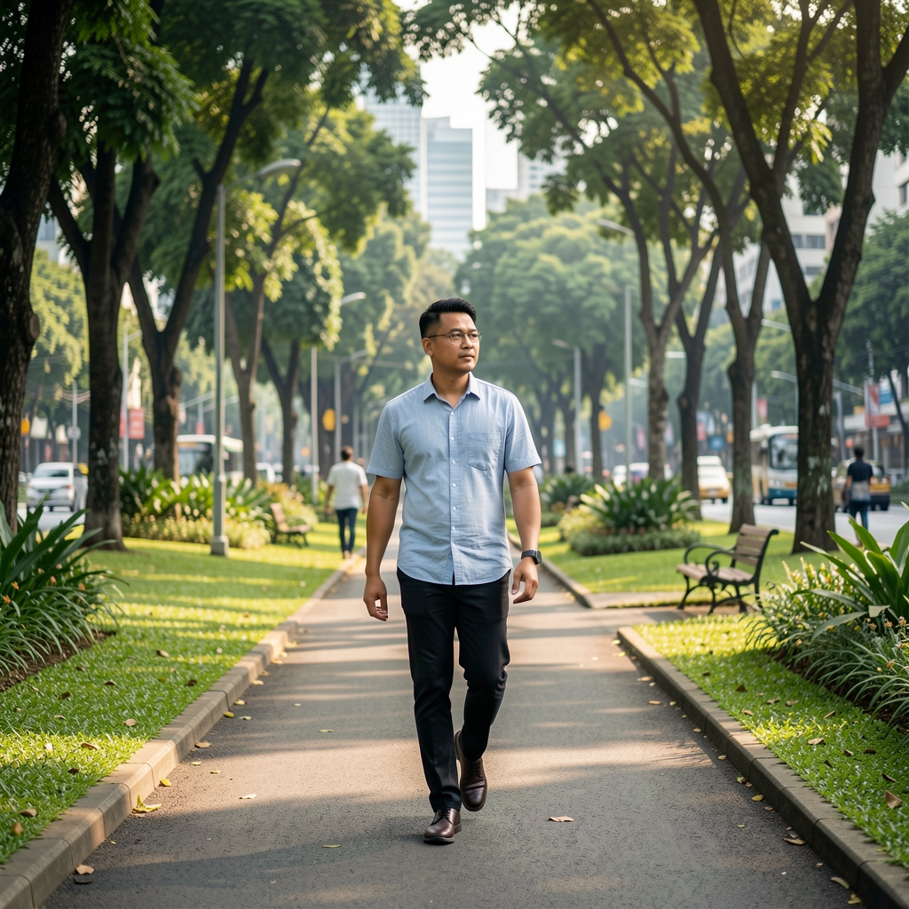 Man taking a deliberate walk through a green city park in Jakarta during early daylight