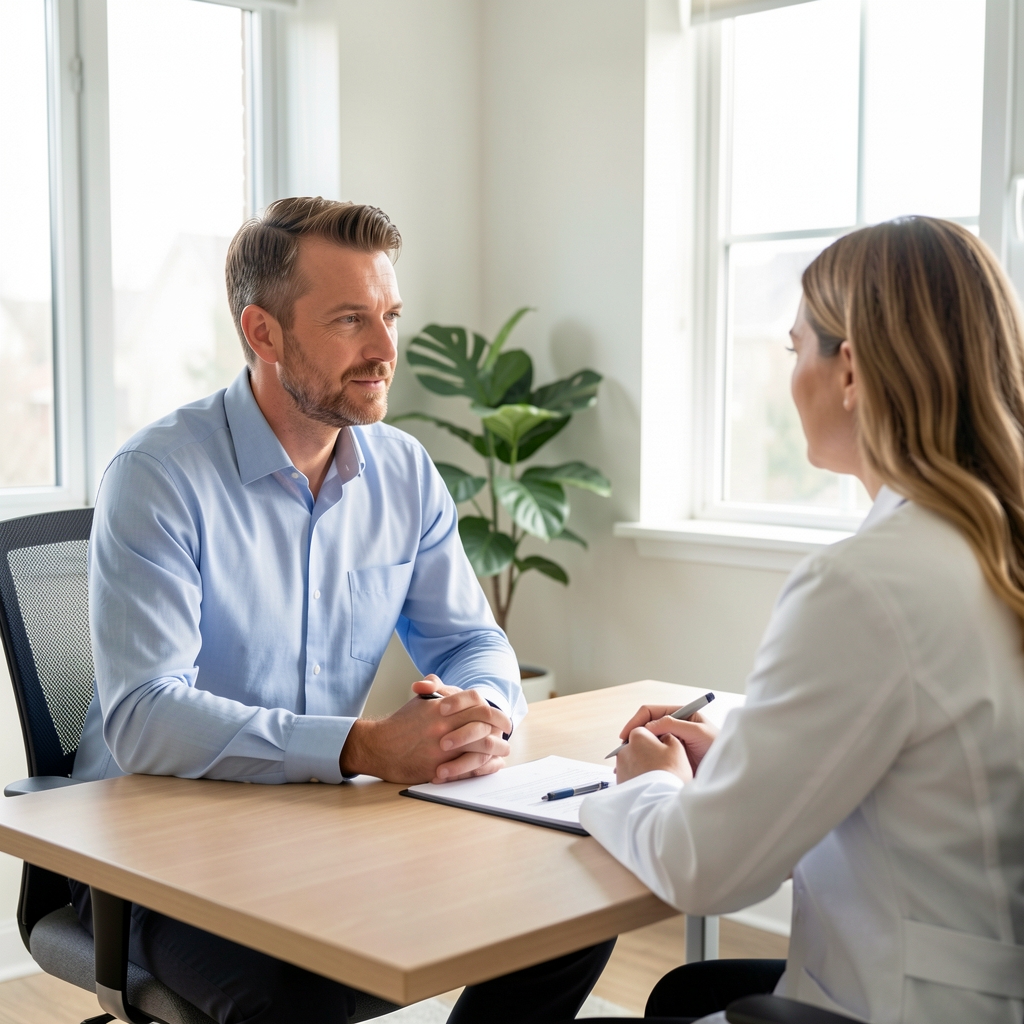 Adult man having a respectful health conversation with a clinician in a bright private consultation room