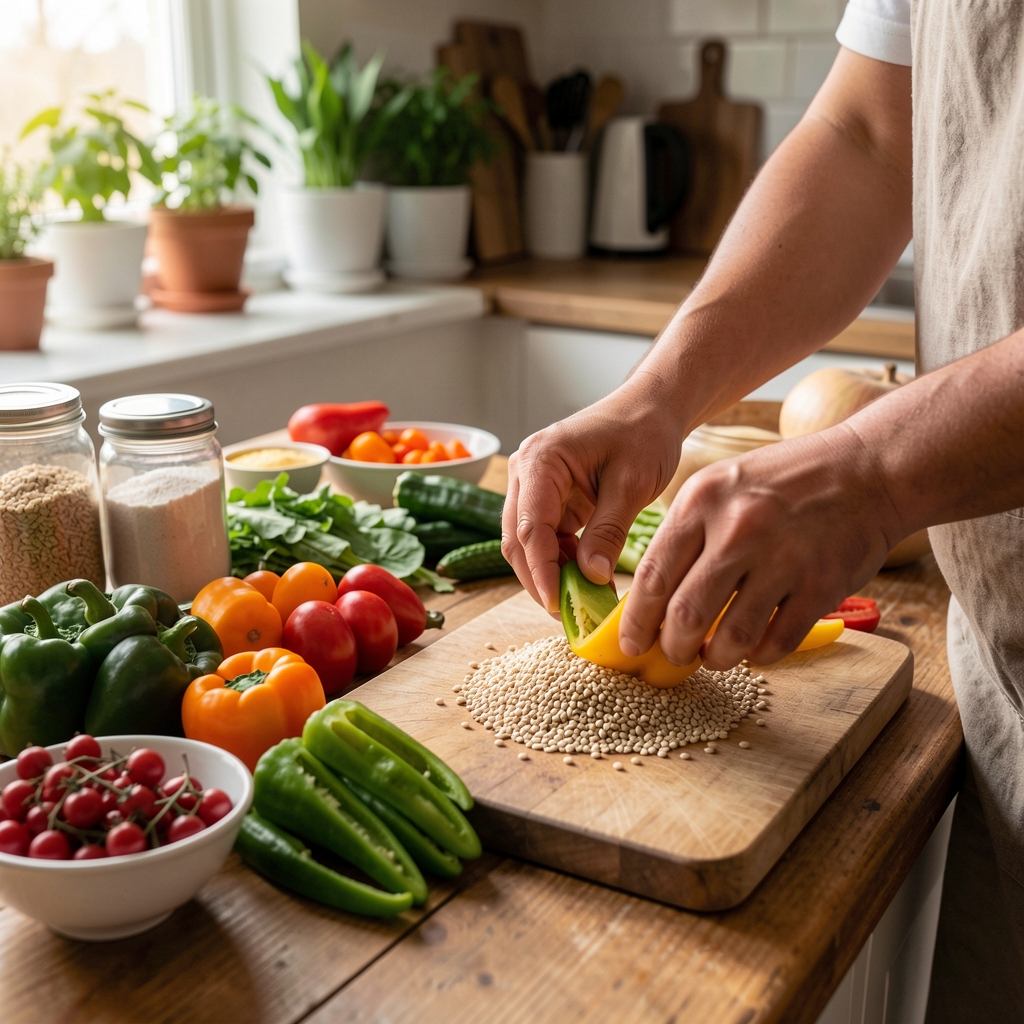 Hands preparing colourful vegetables and grains on a home kitchen table with Indonesian ingredients