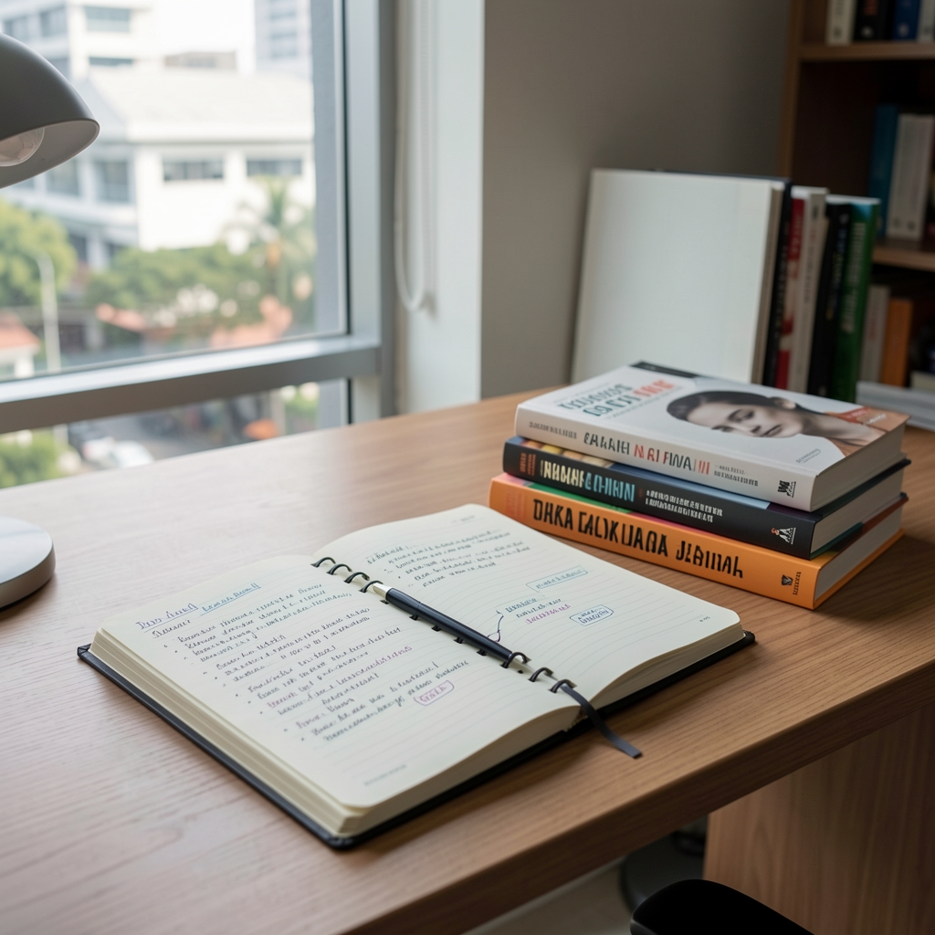 Editorial desk in Jakarta with marked-up health books notebook and natural light