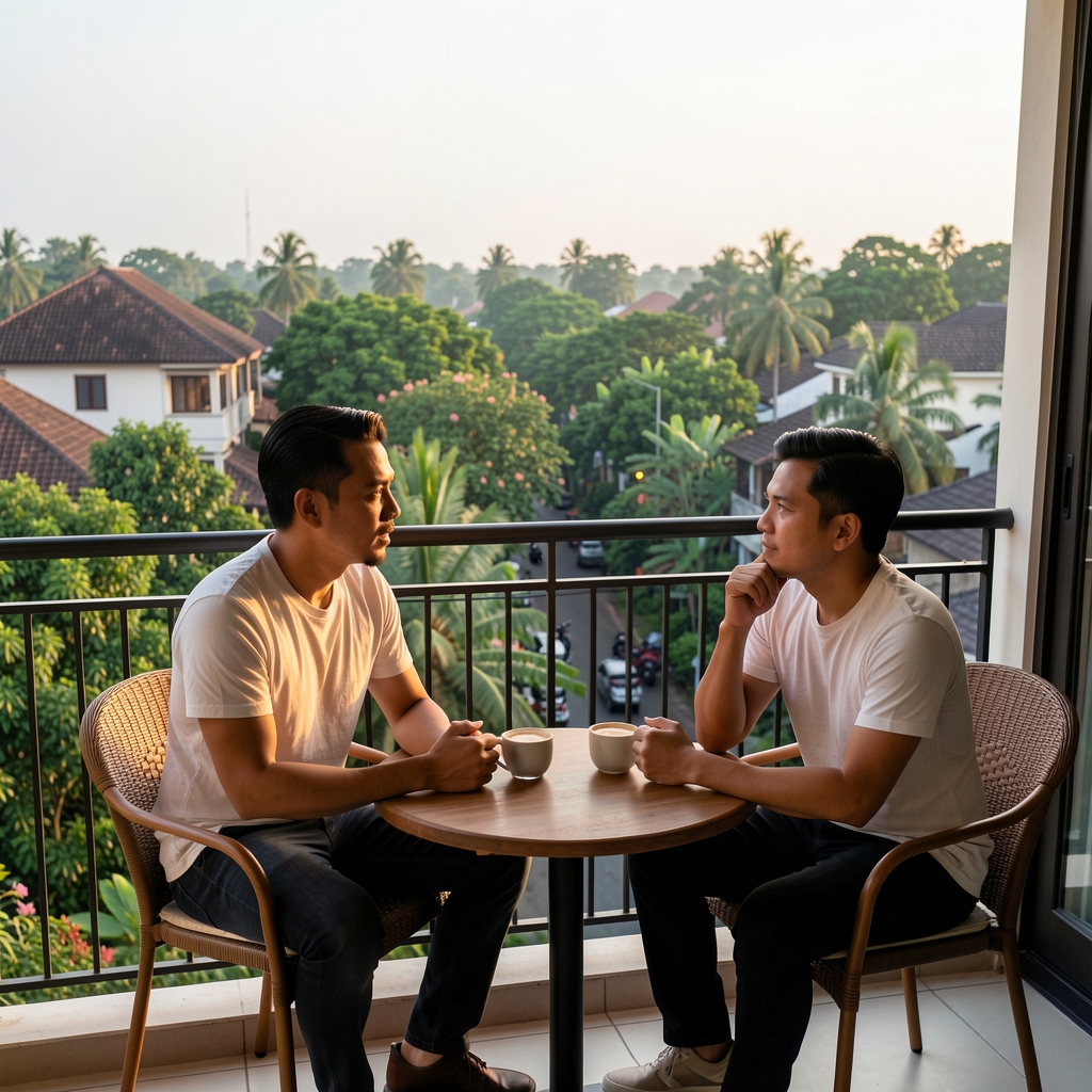 Two men having a thoughtful evening conversation on a balcony overlooking a leafy Jakarta neighbourhood