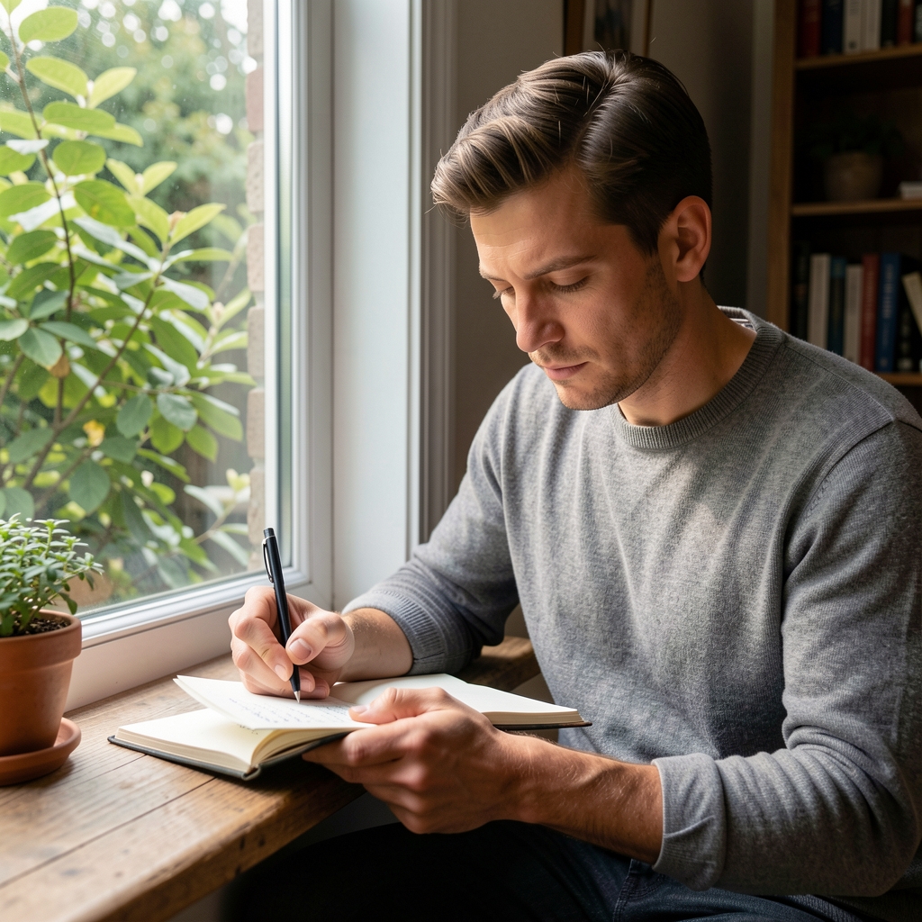 Man writing in a notebook near a leafy window while taking a quiet focused pause at home