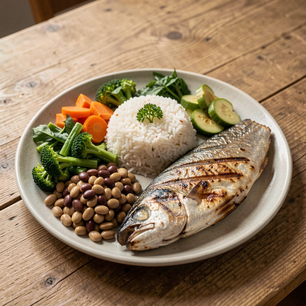 Balanced home meal with vegetables rice legumes and grilled fish on a natural wood table