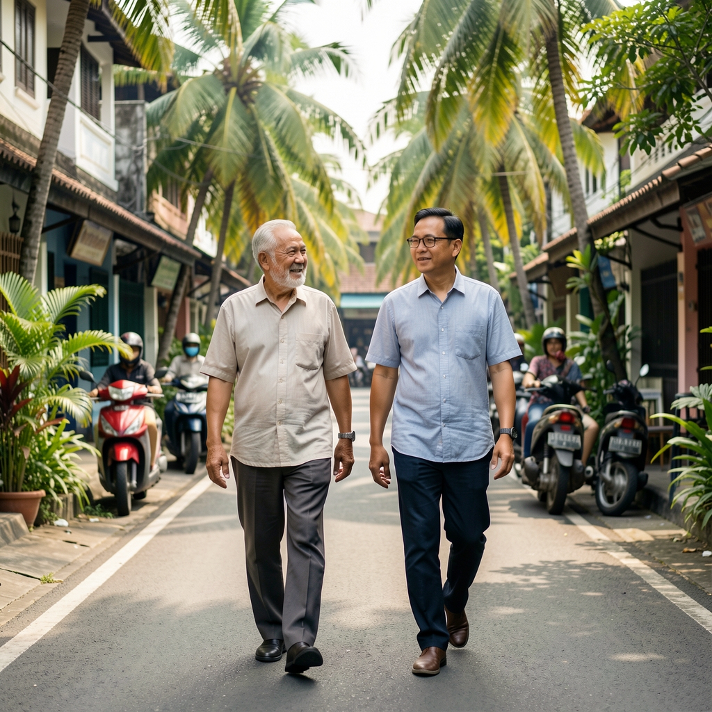 Two adult men from different generations walking together through a tropical Jakarta neighbourhood