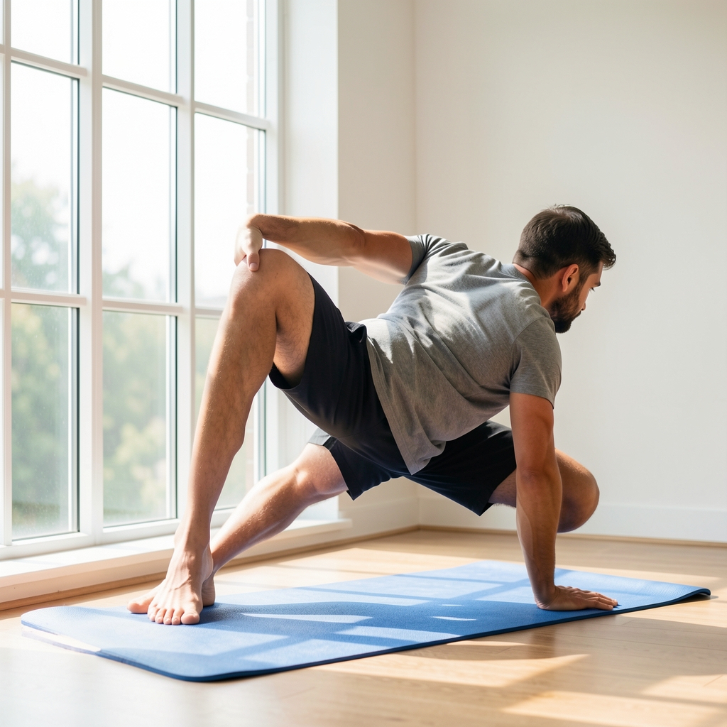 Man doing a controlled mobility exercise beside a bright window with a yoga mat