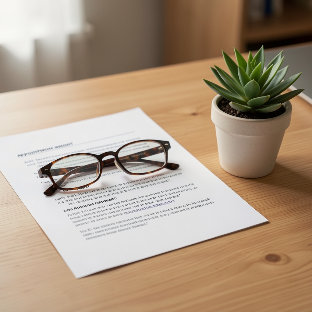 Printed appointment questions beside reading glasses and a small potted plant on a desk