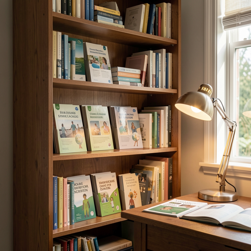 Wooden bookshelf with printed health guides folders and a reading lamp in a quiet study corner