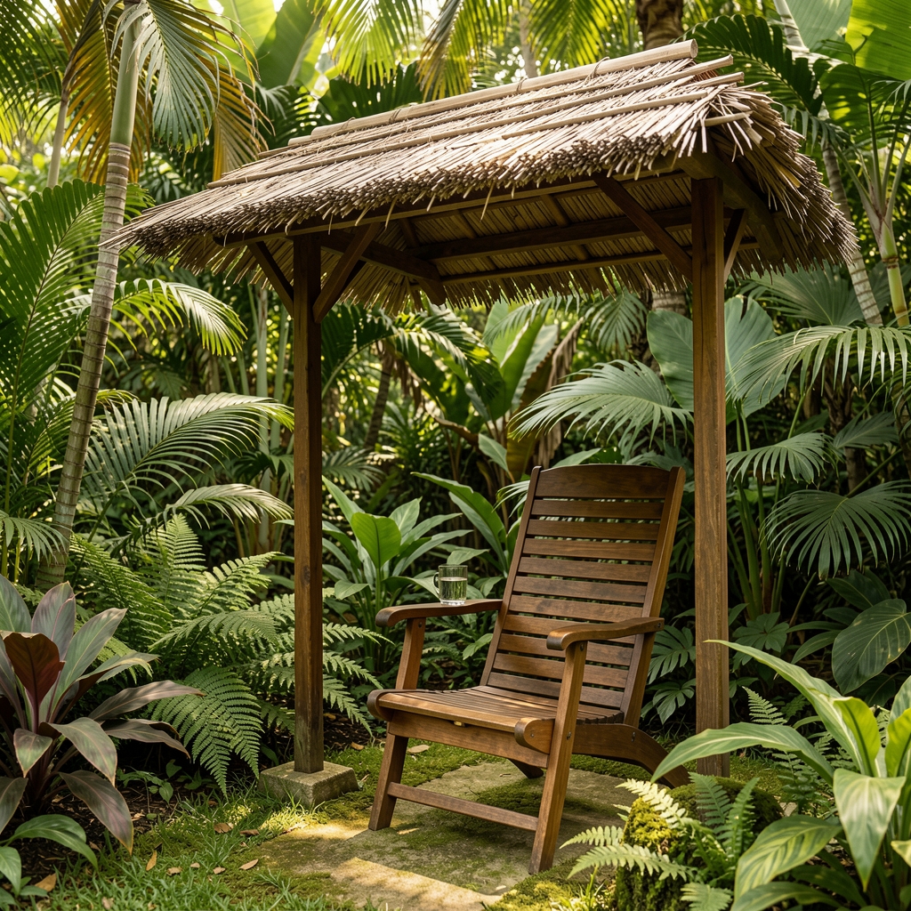 Quiet tropical garden corner with a wooden chair shade and glass of water for a restorative pause
