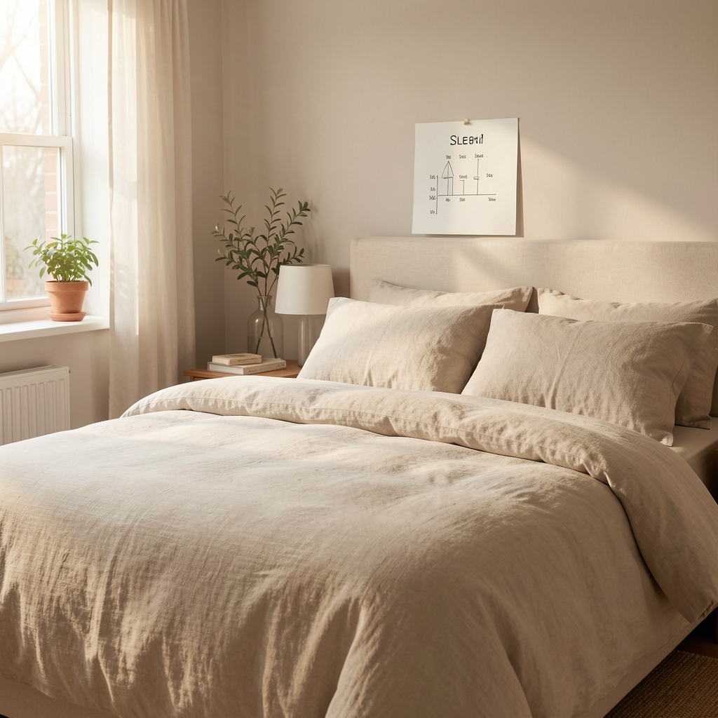 Calm bedroom with linen bedding morning light and a simple paper sleep plan