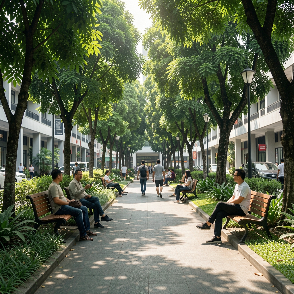 Shaded green public space in Jakarta with a walking path and adults enjoying fresh air