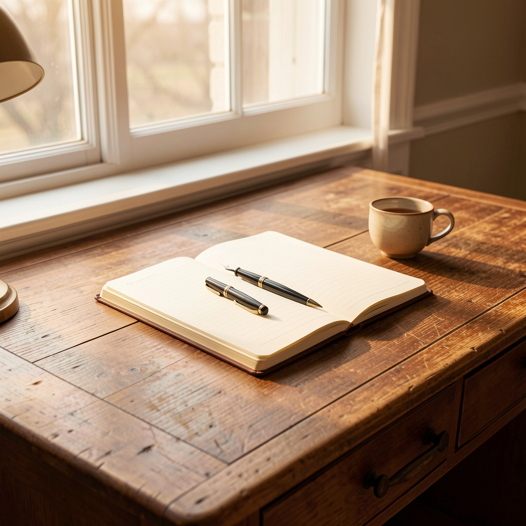 Wooden writing desk by a window with a notebook, fountain pen, and small ceramic cup in warm morning light